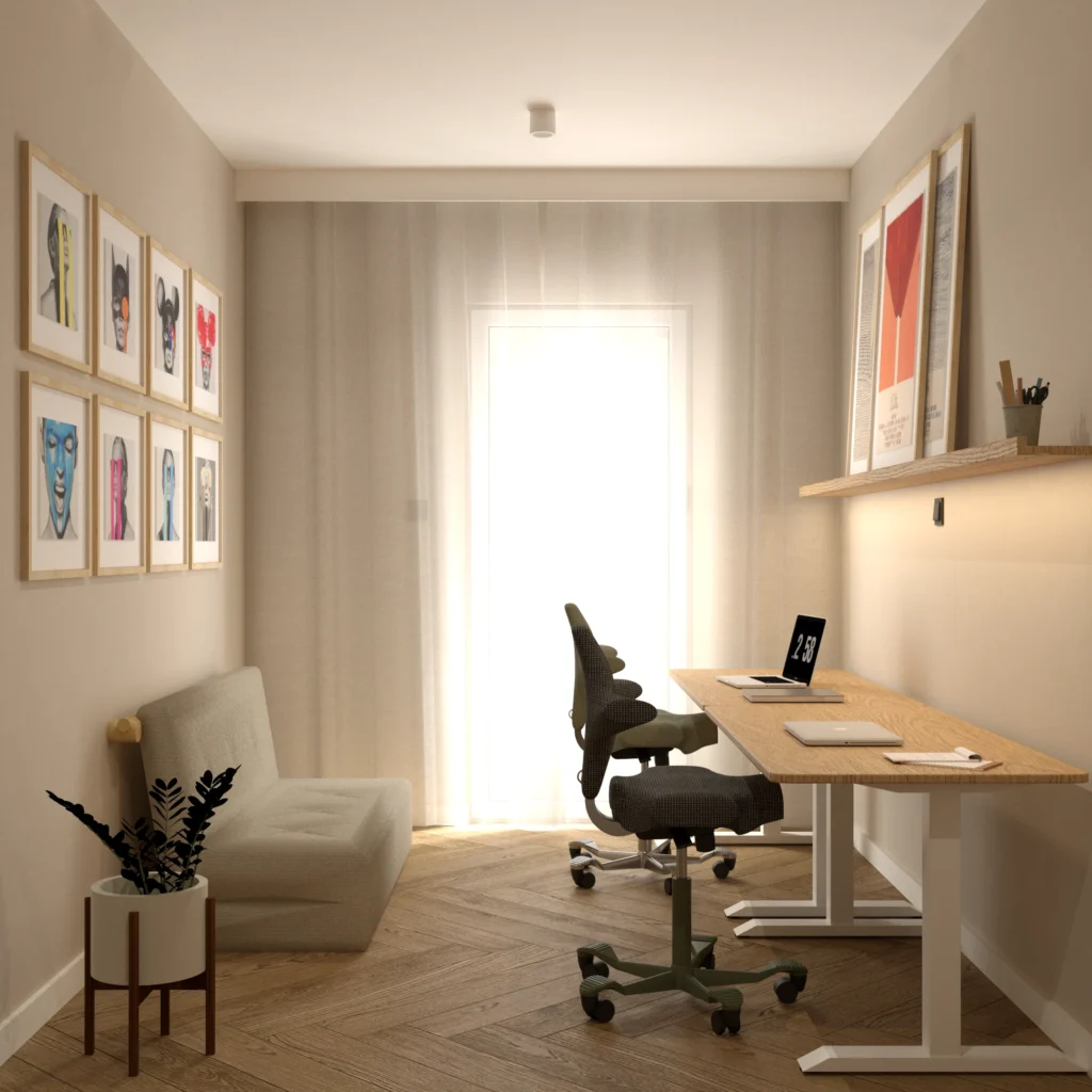 Domowe biuro z dwoma podnoszonymi biurkami, ergonomicznymi fotelami, dębową zabudową gospodarczą i półką na plakaty.